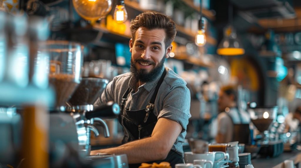 Business owner actively engaging in growth activities within their operation, showcasing the positive impact of a working capital loan, with vibrant lighting and colors highlighting a lively business environment