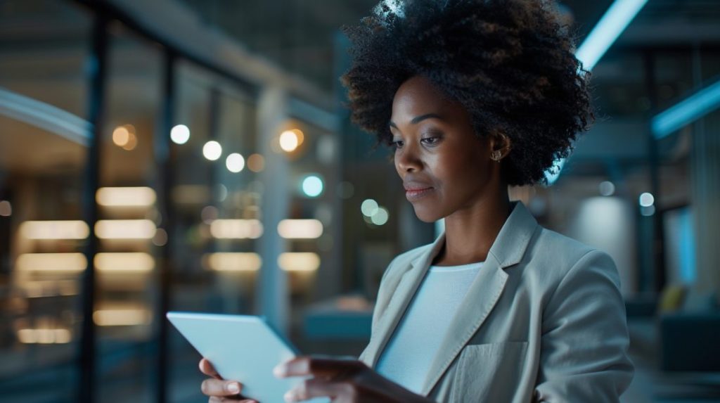 Entrepreneur securing working capital loan on tablet via Business Funds Marketplace highlighting digital financial opportunities in modern entrepreneurship with focus on innovation and technology