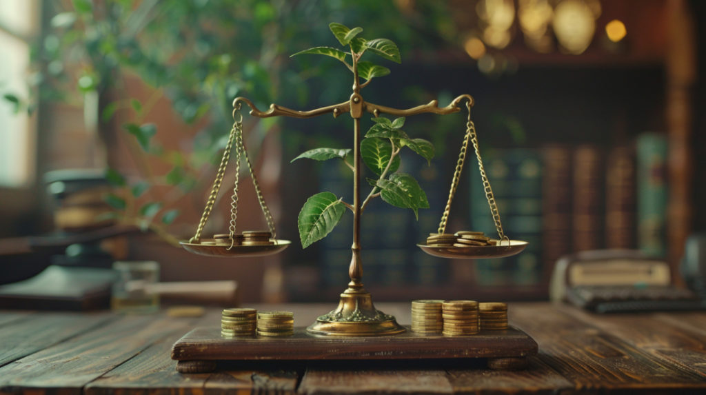 Antique scale balancing a flourishing plant and golden coins in an organized office, symbolizing the strategic management of working capital loans for business growth and financial stability.