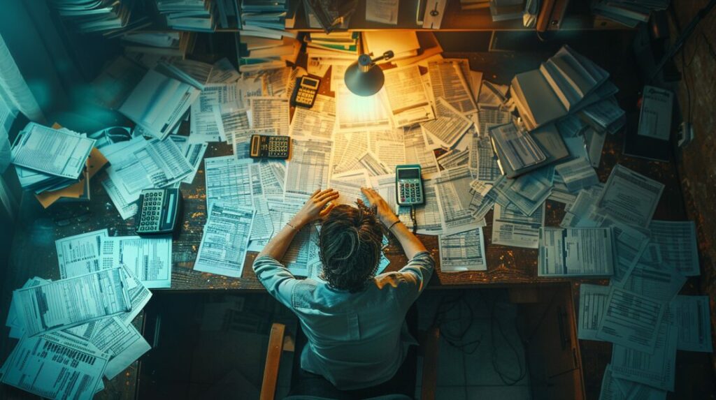 Small business owner strategically planning tax deductions for growth, surrounded by paperwork with a graph showing upward trend, symbolizing financial optimization and success in tax season 2024