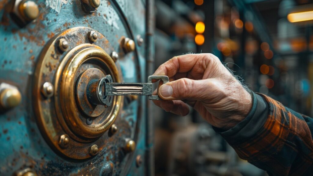 Small business owner with antique key poised to unlock vintage safe in a business setting, symbolizing the journey to secure loans with bad credit