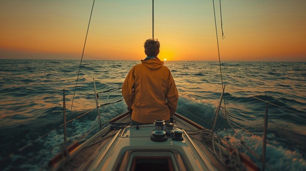 Solitary figure steering a sailboat at dawn, symbolizing leadership and determination in navigating financial challenges, under the golden glow of open skies