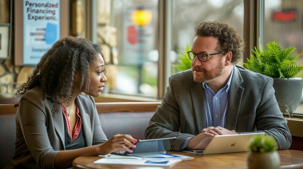 Personalized financing experience with a financial advisor and client engaged in a tailored consultation in a cozy setting, highlighting trust and individualized financial strategy development