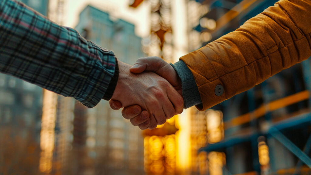 Construction partnership handshake with financial lender in early morning light at an active site, symbolizing growth and collaboration
