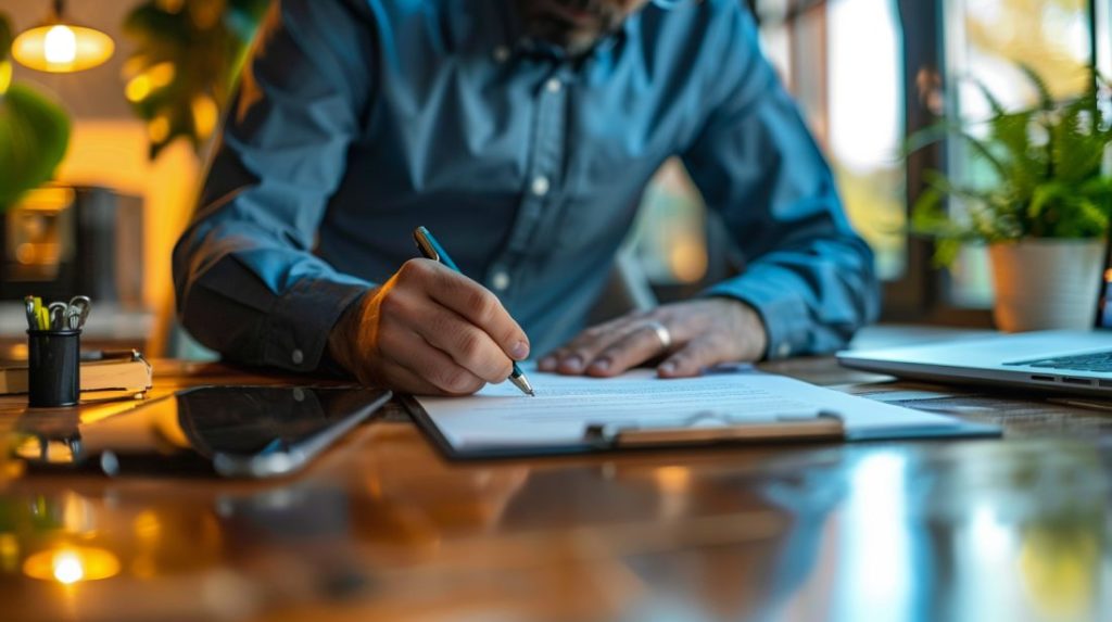 Business professional signing line of credit agreement in a modern office, highlighting financial flexibility and growth potential, with a focus on document and hands, illuminated by natural light, symbolizing the start of new opportunities