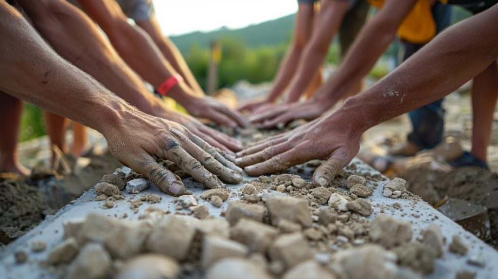 Inspirational and visionary photography of diverse hands placing final piece on symbolic structure outdoors under clear sky symbolizing building a financial foundation for future with background of nature and city skyline.