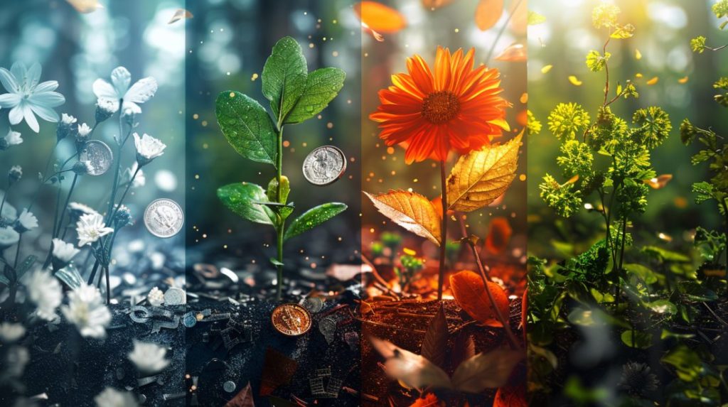 Split scene composition transitioning between seasons spring, summer, fall, winter with financial symbols representing adaptability in financial planning, growth, prosperity, preparation, reflection across business lifecycle.