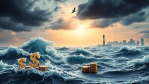 Illustration depicting financial challenges as a stormy sea tossing dollar signs and coins, with a lighthouse symbolizing guidance and strategic planning for business resilience.