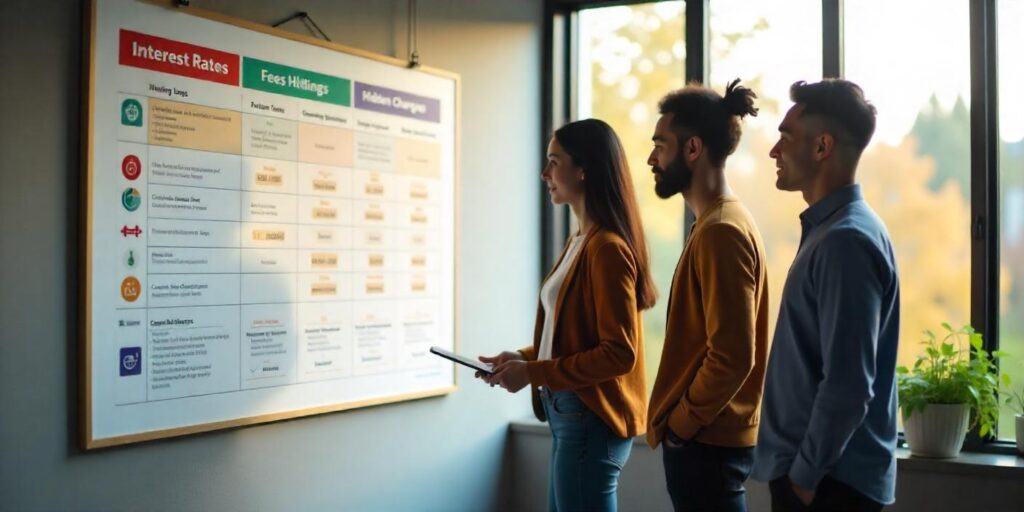 An educational poster displaying interest rates, fees, and hidden charges, featuring a colorful layout with icons representing different financial products, and a diverse group of people discussing The hidden costs of business loans.