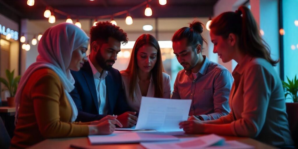 A diverse group of five small business owners, all engaged in a discussion over financial documents in a bright, modern co-working space.