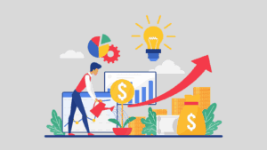 Business growth illustration with person watering a dollar plant, charts, light bulb, and upward arrow showing increased revenue.
